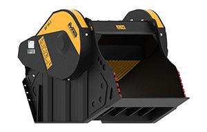 MB Crusher BF90.3 Jaw Crusher Bucket attachment crushing and recycling concrete on a US job site.